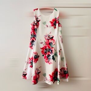 DKNY Sleeveless Dress w/ Pockets, Size 14 Scuba White Pink Floral Print, Wedding